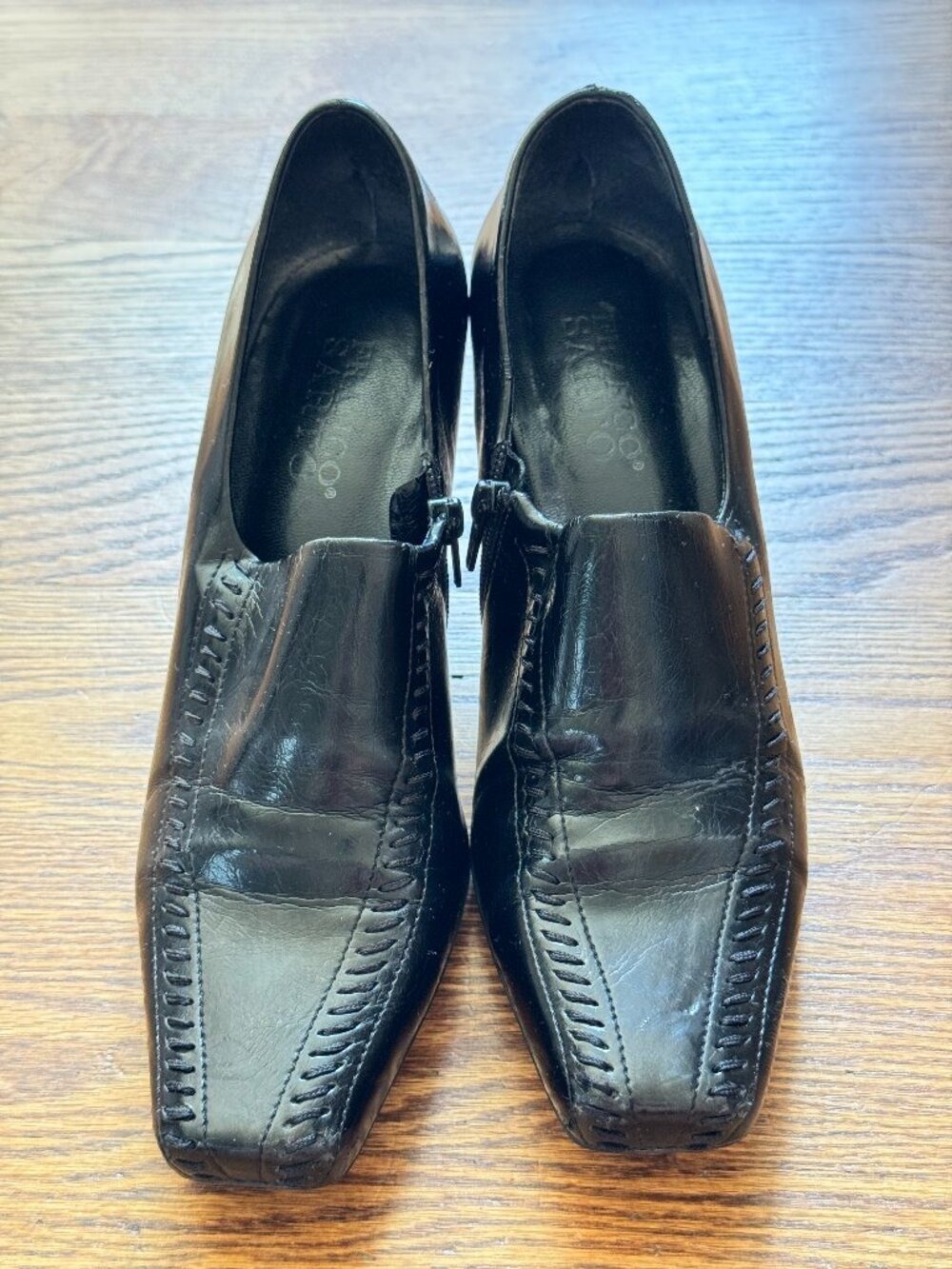 Franco Sarto Vintage Y2K Black Leather Square Toe Zip Pumps Heels Womens 6M